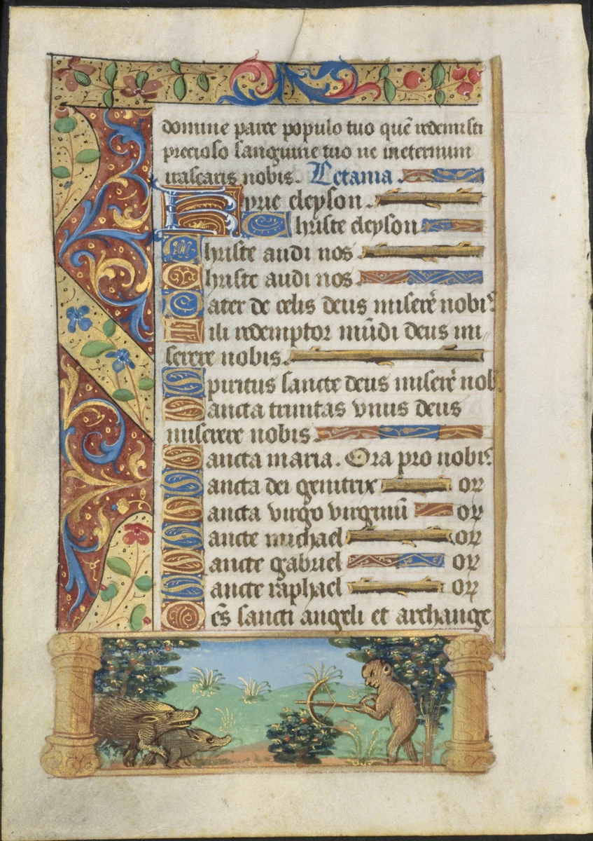Leaf from a Book of Hours: Ape Hunting Wild Boars (recto) by Unknown, manuscript, 1495-1515