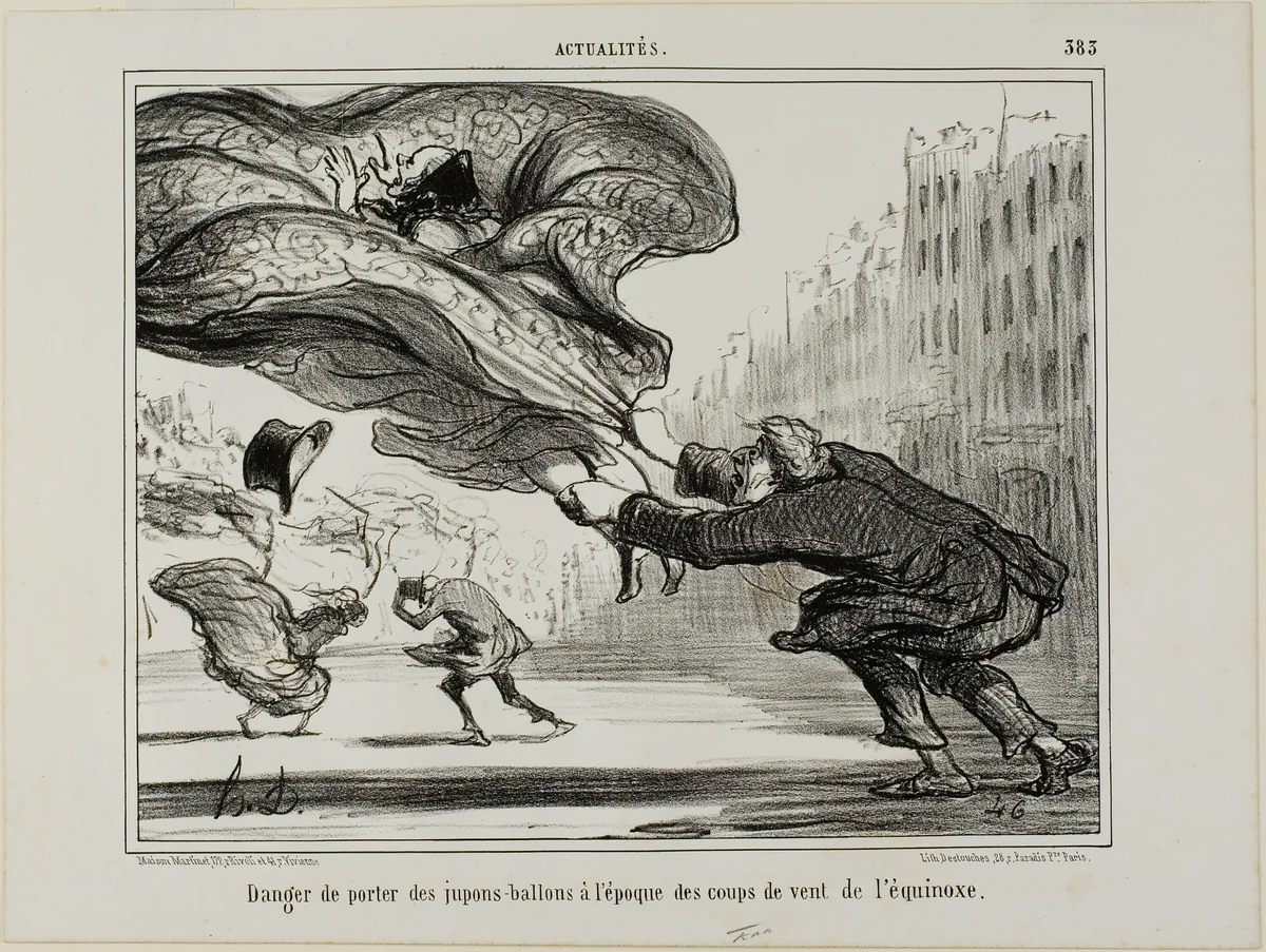 The danger of wearing hoopskirts during a sudden spring storm, plate 26 from La Crinolomanie by Honoré-Victorin Daumier, print, 1857