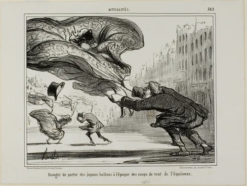 The danger of wearing hoopskirts during a sudden spring storm, plate 26 from La Crinolomanie by Honoré-Victorin Daumier, print, 1857