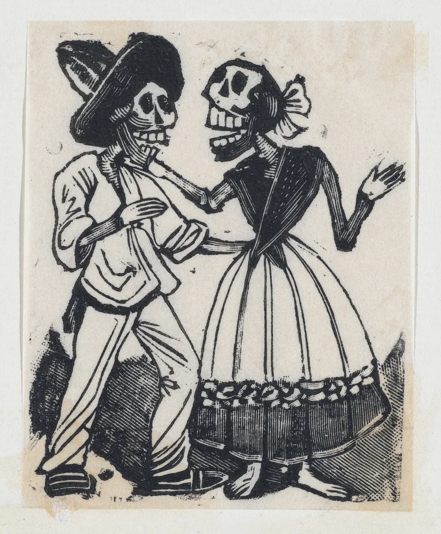 Male and female skeleton talking (vignette for the feast of the dead) by José Guadalupe Posada, print, 1885-1895