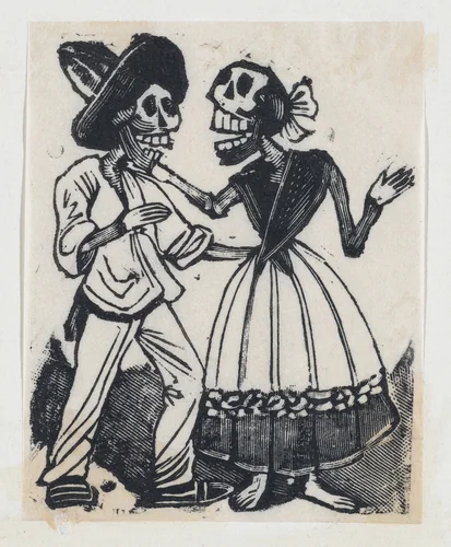 Male and female skeleton talking (vignette for the feast of the dead) by José Guadalupe Posada, print, 1885-1895