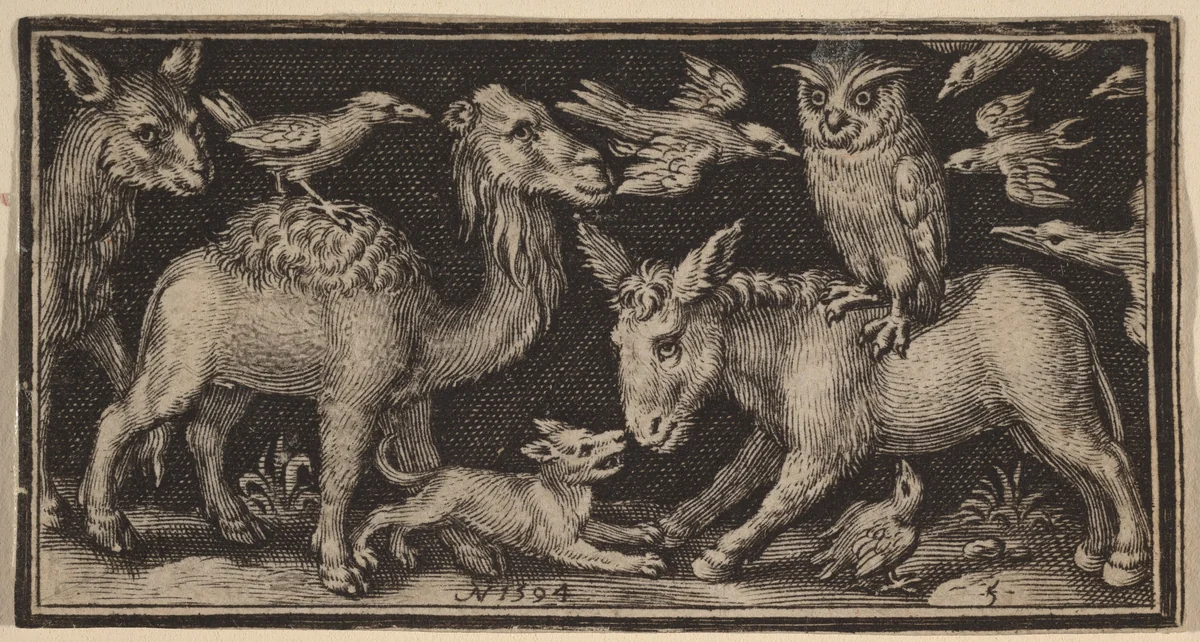 Owl on Back of Donkey, Bird on Back of Camel with Other Animals by Nicolaes de Bruyn, print, 1594