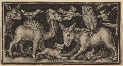 Owl on Back of Donkey, Bird on Back of Camel with Other Animals by Nicolaes de Bruyn, print, 1594