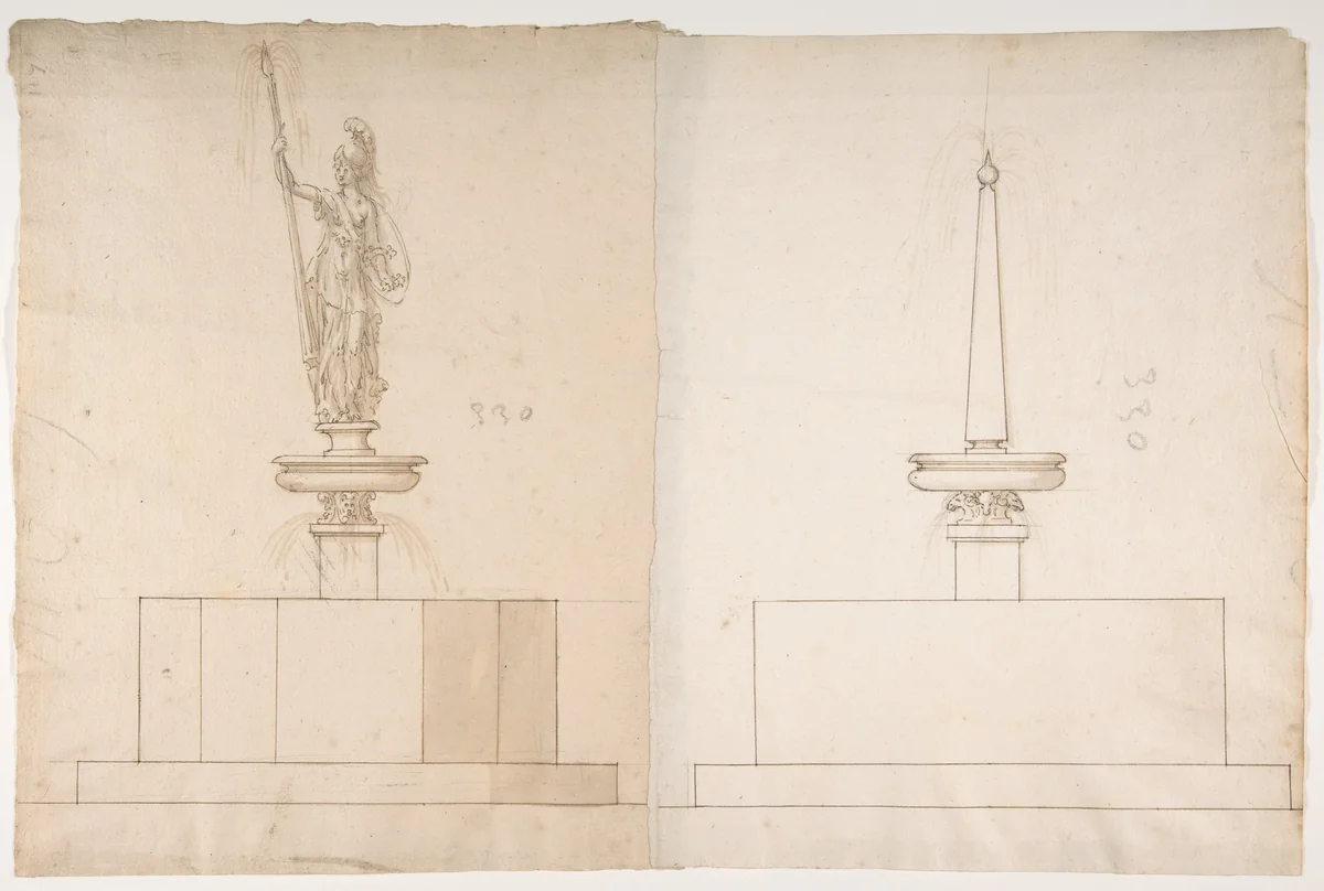 Two Plans and Elevations for Fountains by anonymous, drawing, 1500-1599