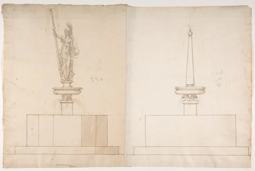 Two Plans and Elevations for Fountains by anonymous, drawing, 1500-1599