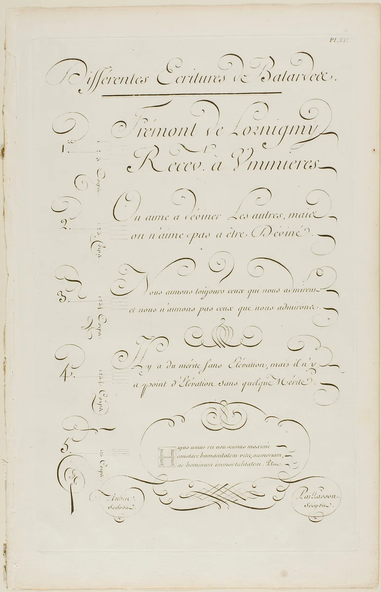 Various Slanted Calligraphy, from Encyclopédie by Aubin Charles Paillasson André le Breton Michel-Antoine David Laurent Durand Antoine-Claude Briasson, print, 1760