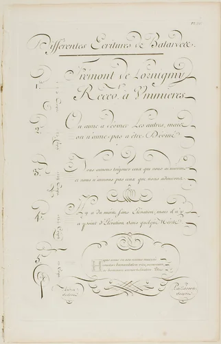 Various Slanted Calligraphy, from Encyclopédie by Aubin Charles Paillasson André le Breton Michel-Antoine David Laurent Durand Antoine-Claude Briasson, print, 1760