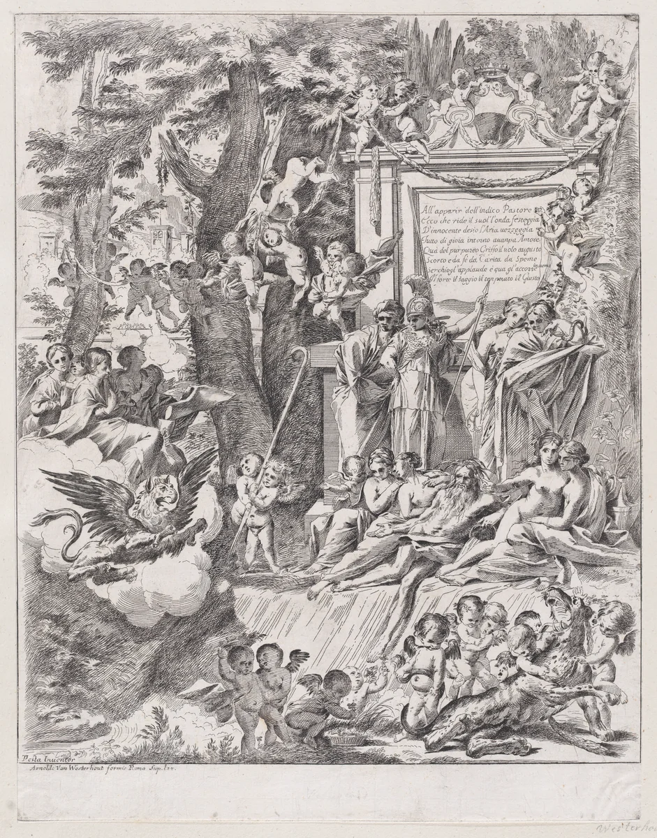 An allegory in honor of the arrival of Cardinal Franciotti as Bishop of Lucca by Pietro Testa, print, 1680-1700