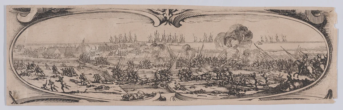 Border at Lower Right: Défaite des Anglais (Defeat of the English), from an etching on six plates of a central battle scene framed by ten additional plates, entitled Siège de la Citadelle de St-Martin dans l'Île de Ré (Siege of the Citadel of St. Martin on the Île de Ré) by Jacques Callot, print, 1628-1631