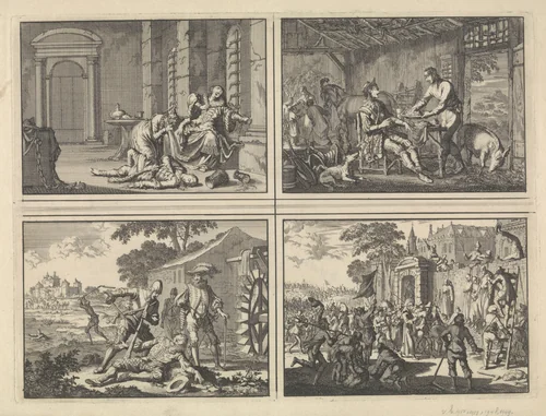 Tsaar Fedor Borissowitz sterft vergiftigd in de gevangenis, 1605 / Philips II, koning van Spanje wordt opgenomen in de hut van een arme boer, ca. 1560 / Wirich von Daun, graaf van Falkenstein, bij een watermolen door Spanjaarden vermoord, 1598 / Monniken uit een klooster nabij Linz worden in de Boerenoorlog aan de muren van hun klooster opgehangen, 1596 by Jan Luyken, print, 1698