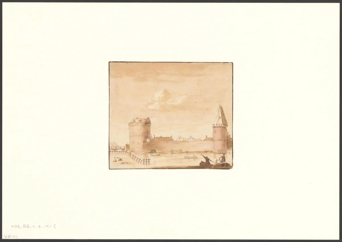 Gezicht op de Kloveniersdoelen en het Rondeel aan de Amstel by anonymous, drawing, 1650-1799
