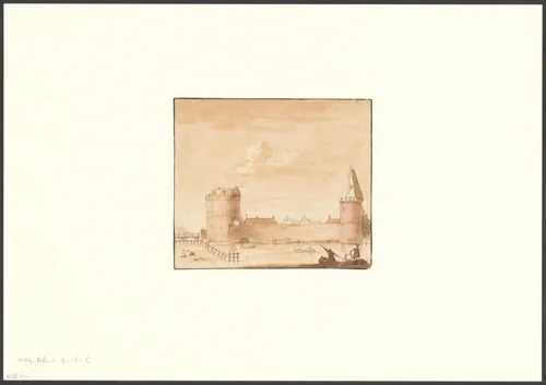 Gezicht op de Kloveniersdoelen en het Rondeel aan de Amstel by anonymous, drawing, 1650-1799