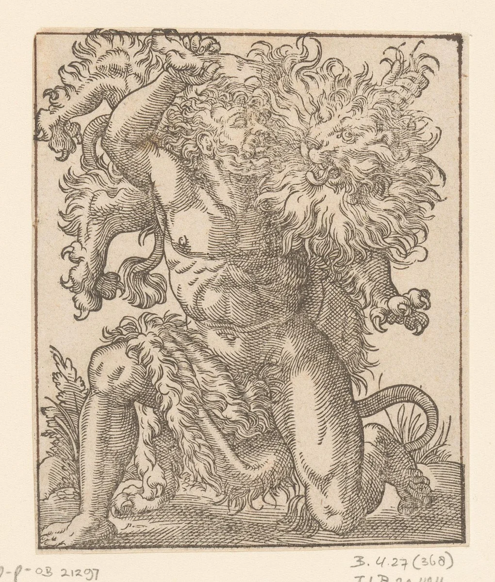 Hercules in gevecht met de Nemeïsche leeuw by anonymous, print, 1580