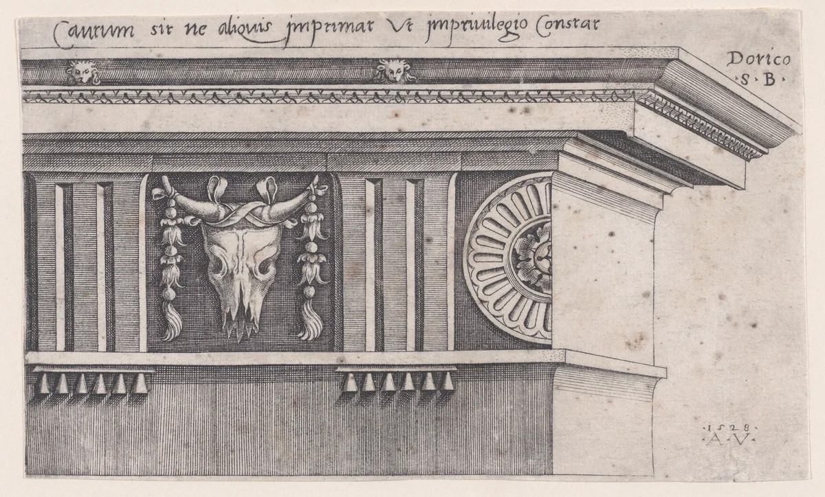 Doric Entablature by Agostino Veneziano, print, 1528