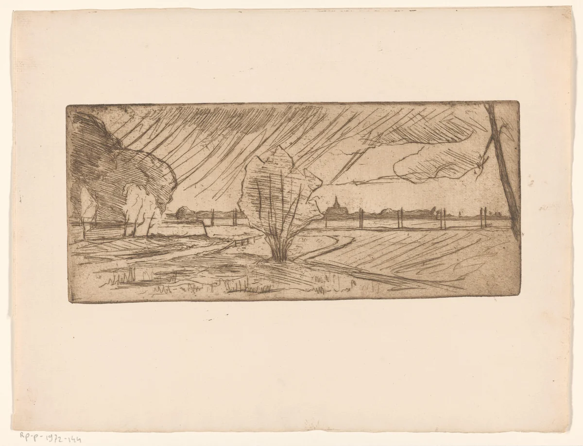 Landschap met bomen en kerk by Maurits van der Valk, print, 1867-1935