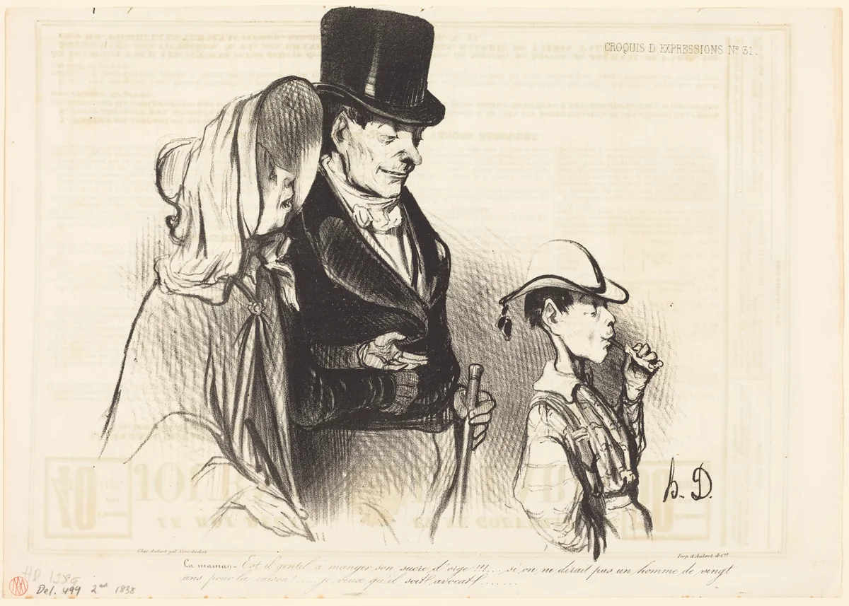 La Maman - Est-il gentil a manger son sucre d'orge!... by Honoré Daumier, print, 1838