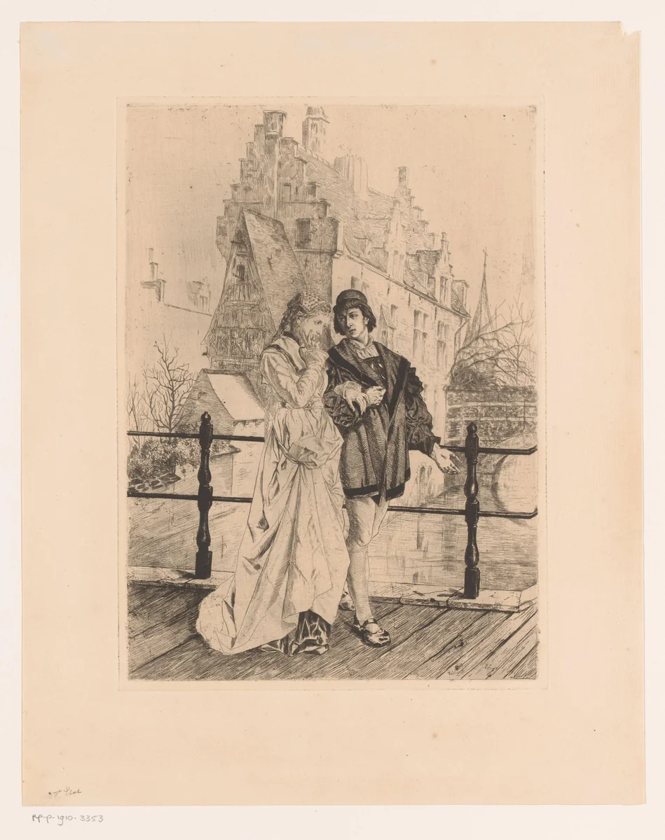 Jong koppel loopt arm in arm over een brug by Willem Geets, print, 1875
