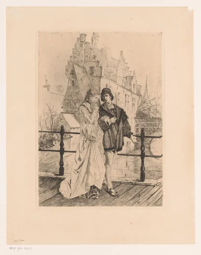Jong koppel loopt arm in arm over een brug by Willem Geets, print, 1875