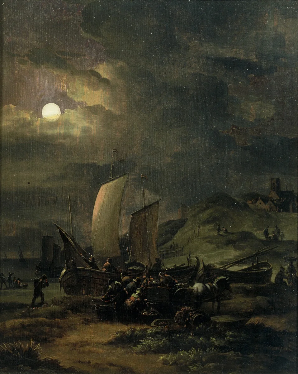 Fishing Boats on the Beach at Night by Egbert van der Poel, painting, 1650