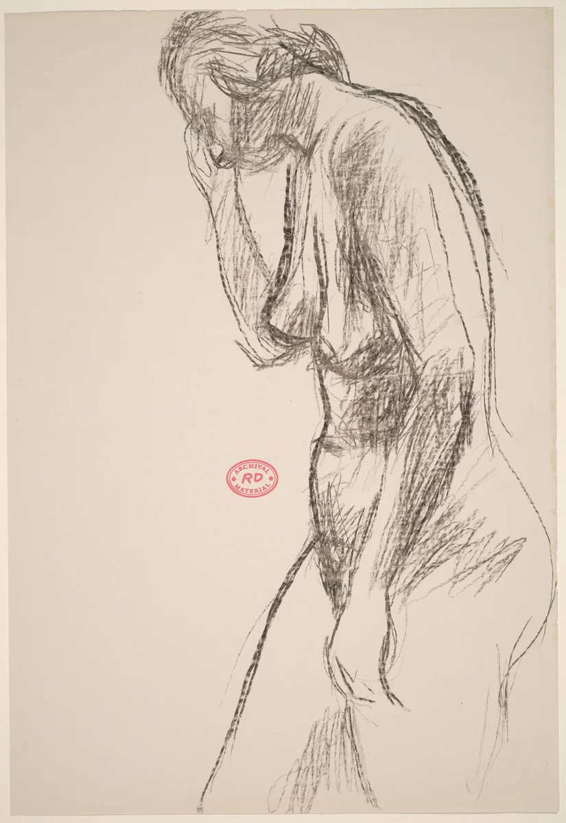 Untitled [standing female nude with right hand raised to head] by Richard Diebenkorn, drawing, 1955-1967