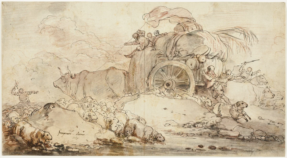 The Stalled Cart by Jean Honoré Fragonard, drawing, 1759-1806