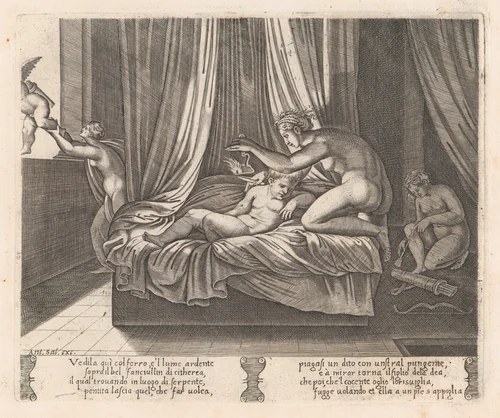 Plate 13: Psyche looking at Cupid, from "The Story of Cupid and Psyche as told by Apuleius" by Agostino Veneziano, print, 1530-1560