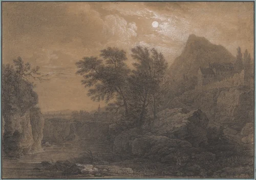 Moonlit Landscape with a River and Castle by Simon Mathurin Lantara, drawing, 1765-1775