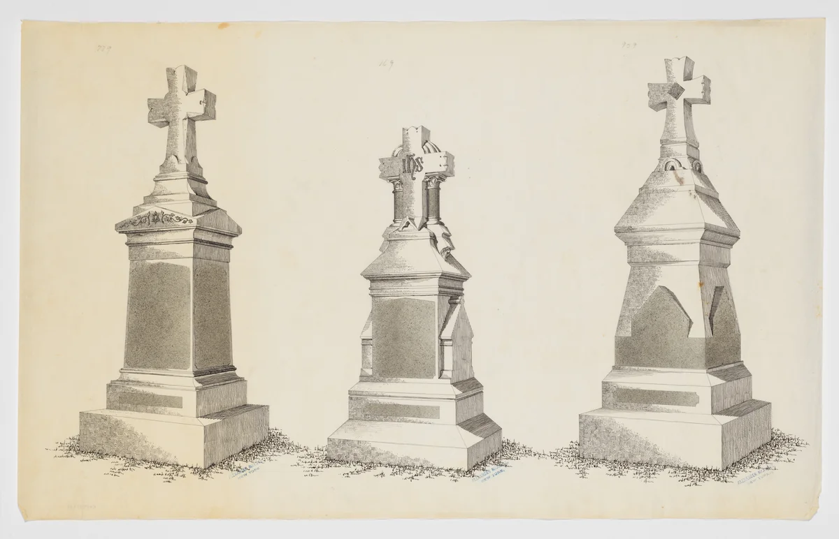Three Grave Monument Designs with Crosses, Nos. 739, 969, 959 by Alexander Maxwell, drawing, 1840-1880