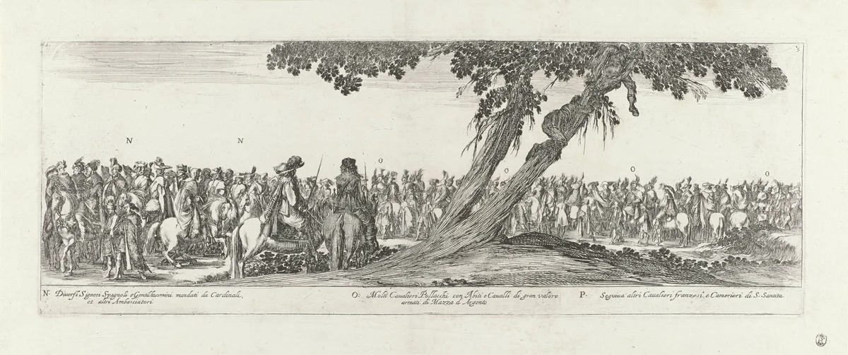 Deel van een processie met mannen te paard by Stefano della Bella, print, 1620-1664