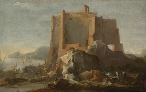 Landscape with Rock and Fortress by Domenico Gargiulo, painting, 1640-1650