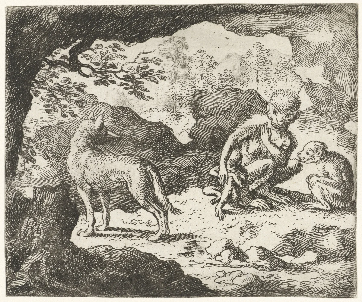 Drie apen en een wolf by Allaert van Everdingen, print, 1665-1675