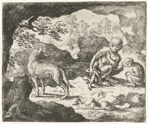 Drie apen en een wolf by Allaert van Everdingen, print, 1665-1675