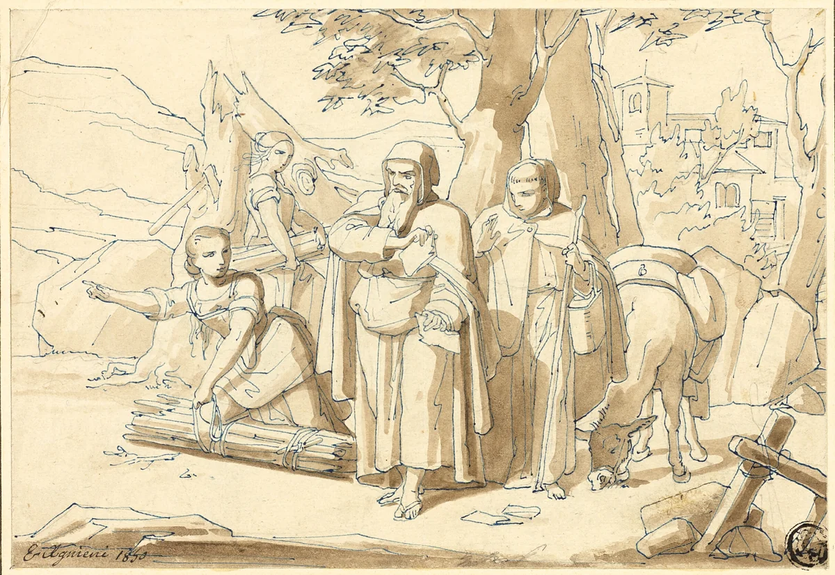 Peasant Woman Giving Directions to Monks by Eugenio Agneni, drawing, 1850-1888