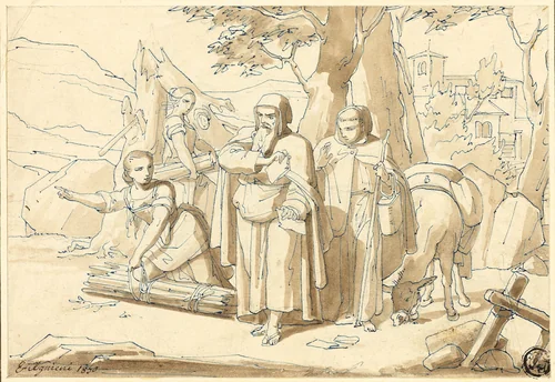 Peasant Woman Giving Directions to Monks by Eugenio Agneni, drawing, 1850-1888