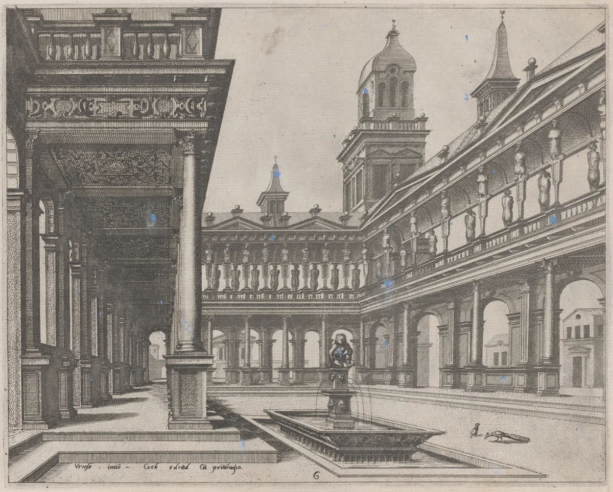 Palace Courtyard with Fountain in a Rectangular Basin by Lucas van Doetechum
Johannes van Doetechum the Elder
Hans Vredeman de Vries
Hieronymus Cock, portfolio, 1560