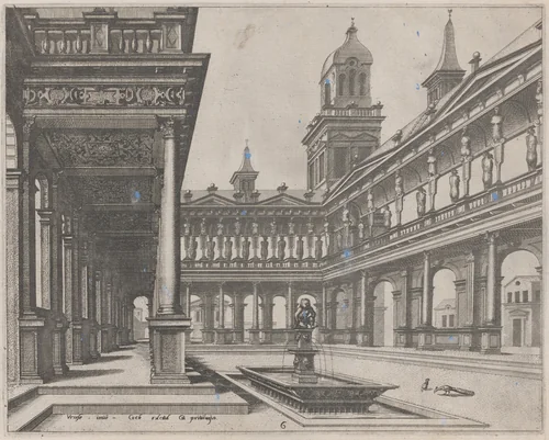 Palace Courtyard with Fountain in a Rectangular Basin by Lucas van Doetechum
Johannes van Doetechum the Elder
Hans Vredeman de Vries
Hieronymus Cock, portfolio, 1560