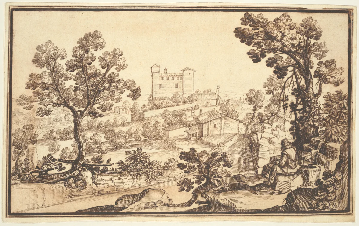 Landscape with a Man Resting, Farm Houses, and a Castle by Remigio Cantagallina, drawing, 1600-1656