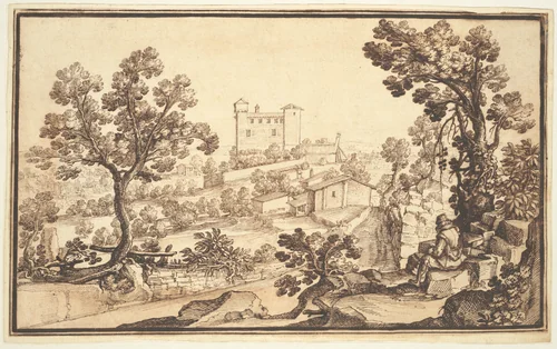 Landscape with a Man Resting, Farm Houses, and a Castle by Remigio Cantagallina, drawing, 1600-1656