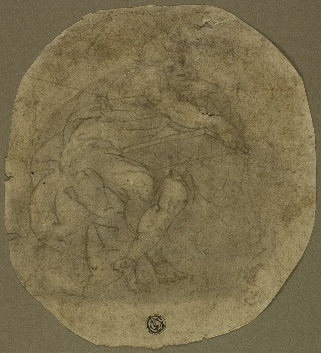Seated Male Figure with Large Tablet (recto); Figure Study (verso) by Luca Cambiaso, drawing, 1547-1585
