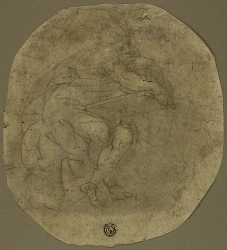 Seated Male Figure with Large Tablet (recto); Figure Study (verso) by Luca Cambiaso, drawing, 1547-1585