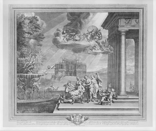 Plate 1: The Toilette of Venus; Venus reclining at center, gazing into a mirror held by Cupid, attendants fix her hair while a putto ties her sandal, above her chariot appears on a cloud; from the series 'The Loves of Venus and Adonis' by Etienne Baudet, print, 1672