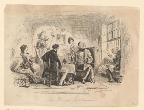 Zes figuren zittend en staand rondom een tafel by Hablot Knight Browne, print, 1857