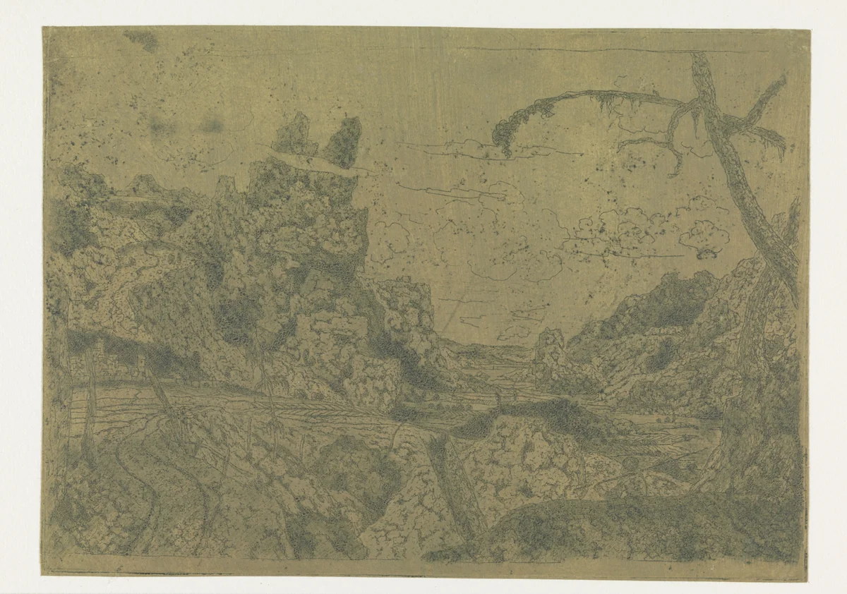 Mountain Valley, at the Right a Man Carrying a Stick by Hercules Segers, print, 1625-1630