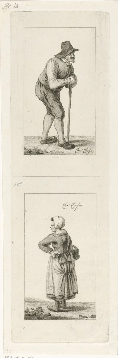Man leunend op stok en vrouw met mand by Pieter de Mare, print, 1779