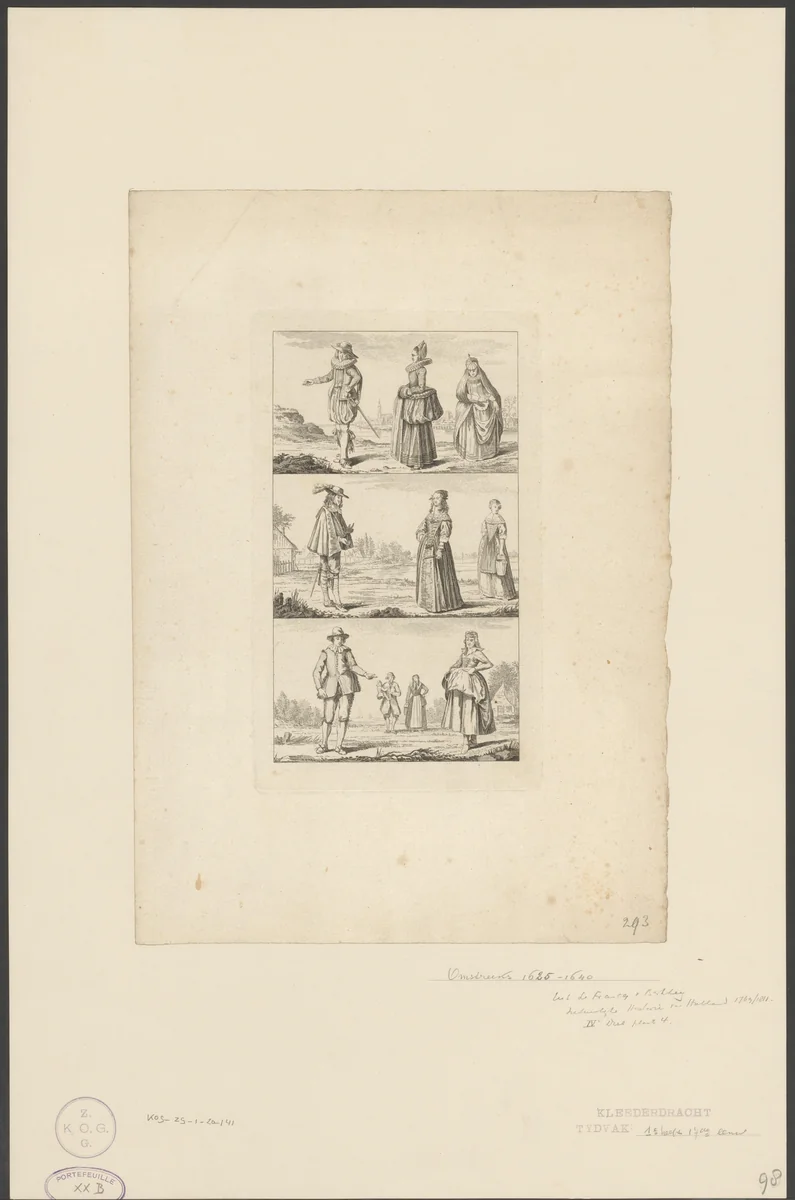 Drie landschappen met mannen en vrouwen in Hollandse klederdrachten, ca. 1775 by Cornelis Brouwer, print, 1776