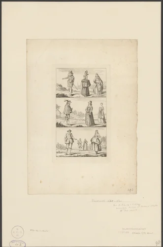 Drie landschappen met mannen en vrouwen in Hollandse klederdrachten, ca. 1775 by Cornelis Brouwer, print, 1776