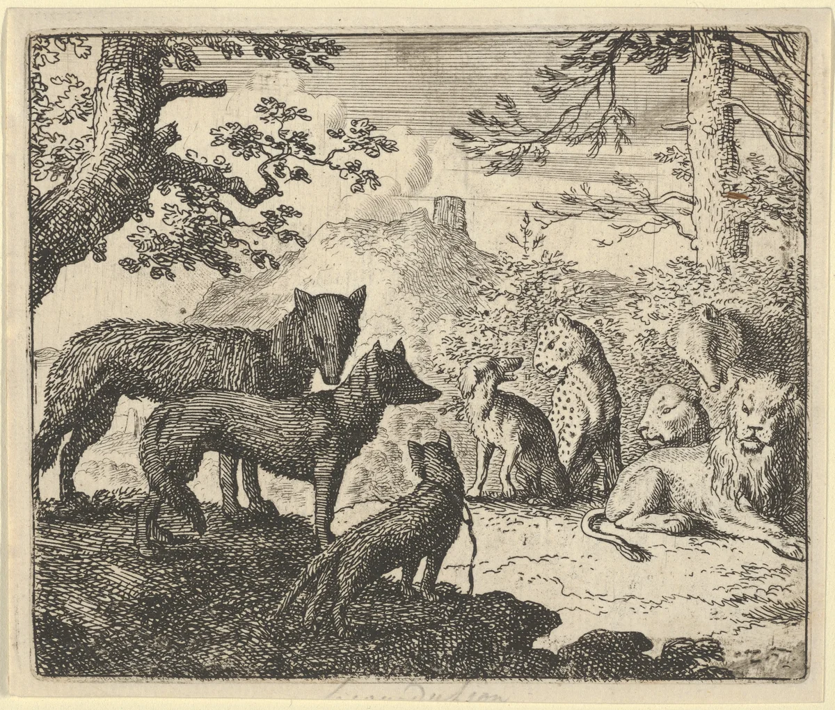Renard's Parents Ask to Withdraw from the Court from Hendrick van Alcmar's Renard The Fox by Allart van Everdingen, print, 1650-1675