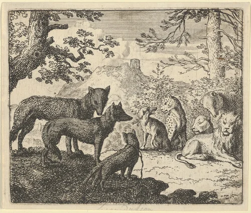 Renard's Parents Ask to Withdraw from the Court from Hendrick van Alcmar's Renard The Fox by Allart van Everdingen, print, 1650-1675