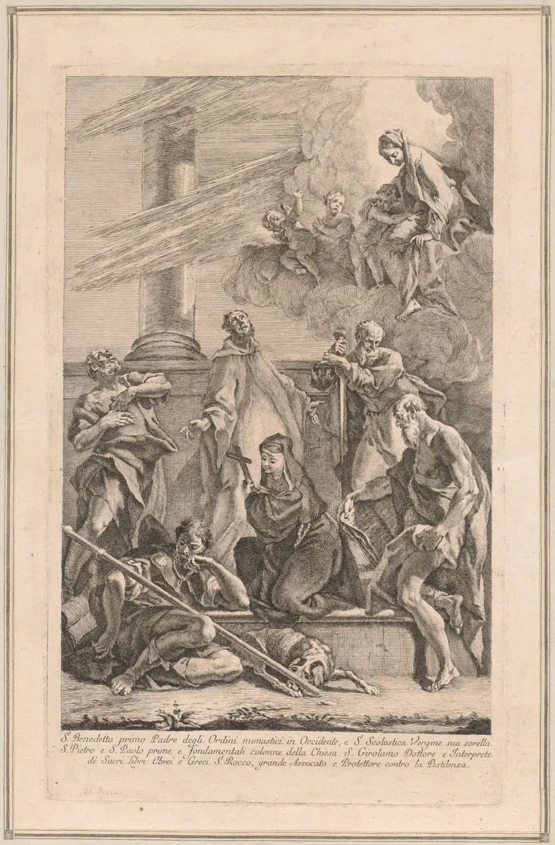 The Madonna and Child with Two Angels and Saints Scholastica, Benedict, Roch, Peter, Paul and Jerome by Francesco Fontebasso, print, 1735-1745