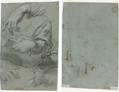Studies of Hands (recto); Sketch of a Child's Head (verso) by Carletto Caliari, drawing, 1581-1591